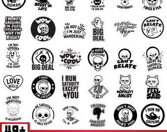 Diseños divertidos y sarcásticos de calaveras, paquete SVG de humor para adultos (50 archivos)