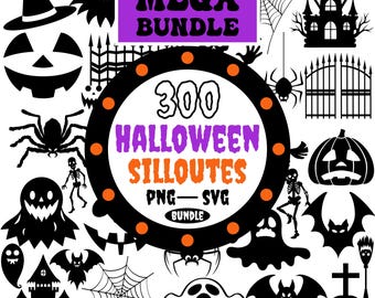 Halloween Silhouettes SVG PNG Bundle: 300 Spooky Designs (Digital Download)