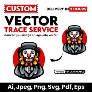 Peut inclure: Publicité pour un service de vectorisation. L'image présente une illustration de clown avec un nez rouge et un nœud papillon. Le texte comprend "CUSTOM VECTOR TRACE SERVICE" et les options de type de fichier : Ai, Jpeg, Png, Svg, Pdf, Eps.
