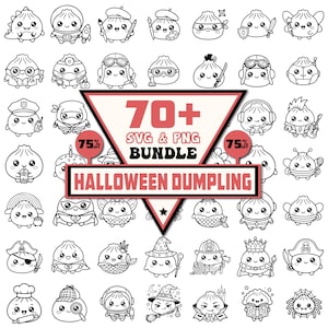 Può includere: Una collezione digitale di oltre 70 illustrazioni in bianco e nero con simpatici personaggi a forma di gnocco in vari costumi, con il testo 70+ SVG & PNG BUNDLE HALLOWEEN DUMPLING e due badge circolari 75% off.
