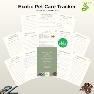 May include: A collection of printable pet care tracker pages. The pages include logs for shedding, temperature, humidity, habitat cleaning, medical history, and weight records. The cover reads "Exotic Pet Care Tracker: A Comprehensive Health & Maintenance Journal."