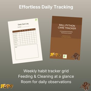 May include: A Ball Python care tracker journal with a brown cover featuring snake illustrations and a white daily care log sheet. The text reads Effortless Daily Tracking, Ball Python Care Tracker, A Comprehensive Health & Maintenance Journal.
