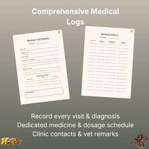 May include: Two white paper medical log sheets for pets. The left sheet is titled Medical Visit Details with fields for pet name, date, vet, contact, symptoms, diagnosis, and medicine schedule. The right sheet is titled Medical History with columns.