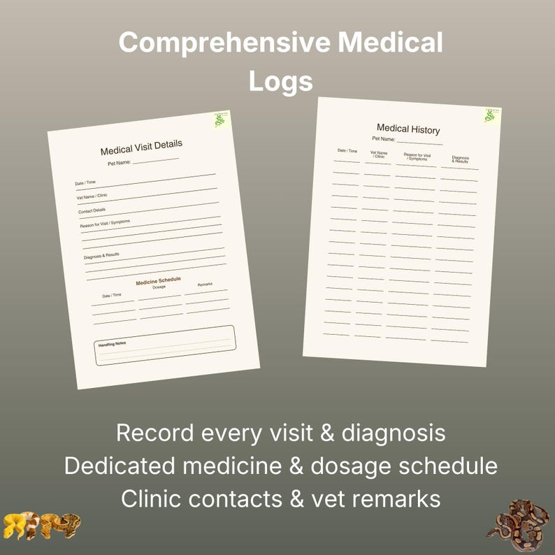 May include: Two white paper medical log sheets for pets. The left sheet is titled Medical Visit Details with fields for pet name, date, vet, contact, symptoms, diagnosis, and medicine schedule. The right sheet is titled Medical History with columns.