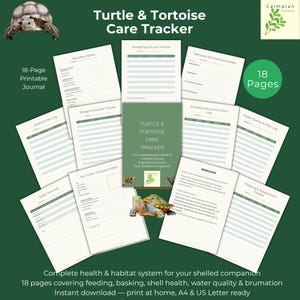May include: An 18-page printable Turtle & Tortoise Care Tracker journal featuring various log sheets for health, weight, feeding, and environment. The pages include headers like Pet Sitter Notes, Shedding & Scute Tracker, and Enclosure & Environment Log.
