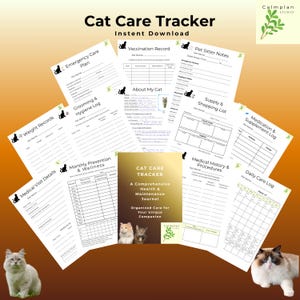 Puede incluir: Un conjunto de hojas de seguimiento de cuidado de gatos imprimibles, que incluyen planes de emergencia, registros de vacunación y registros de cuidado diario. La portada del diario muestra el texto "Cat Care Tracker" y "A Comprehensive Health & Maintenance Journal."