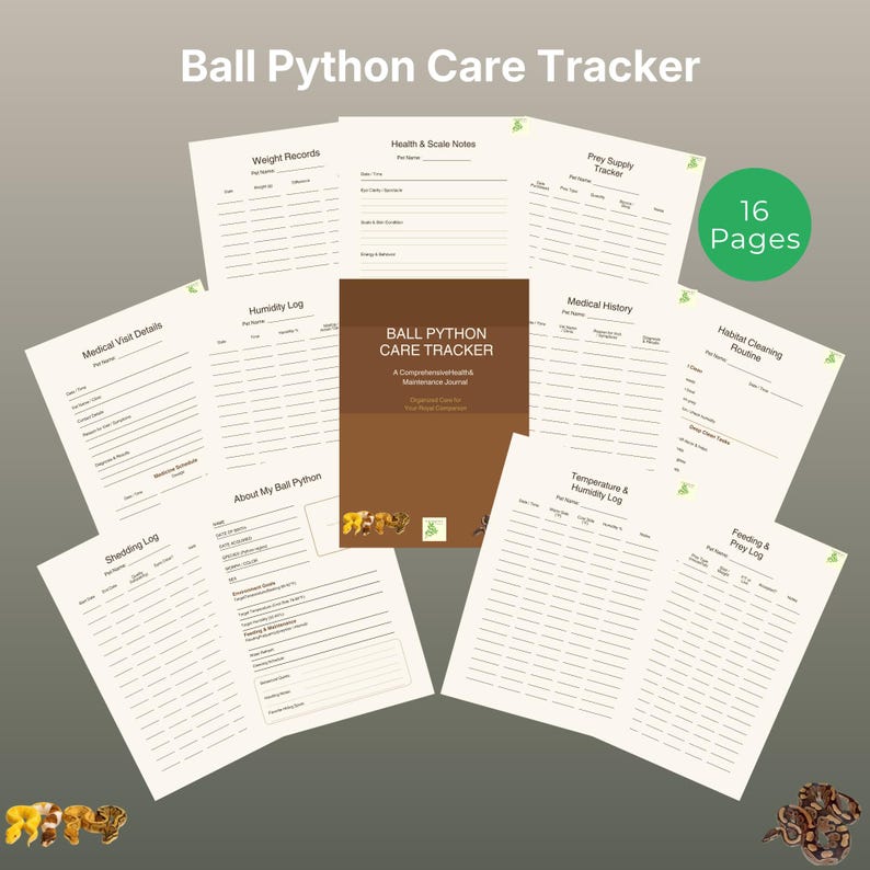 May include: A Ball Python Care Tracker journal with a brown cover and 16 pages of printed forms. The pages include logs for weight, health, prey supply, medical history, habitat cleaning, shedding, temperature, humidity, and feeding schedules.