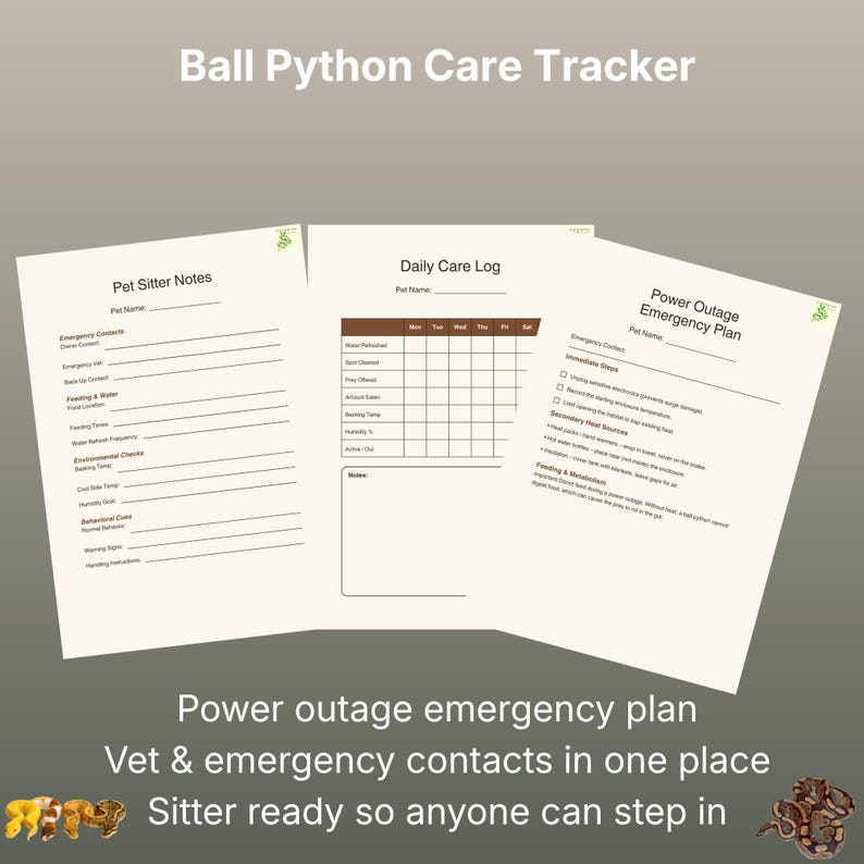 May include: A Ball Python Care Tracker set featuring three white printed pages titled Pet Sitter Notes, Daily Care Log, and Power Outage Emergency Plan. Each page includes lines for pet names, emergency contacts, and specific care instructions.