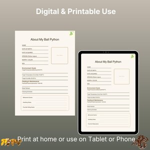 May include: A digital and printable Ball Python care record sheet featuring fields for name, birth date, acquisition date, species, morph, sex, environment goals, feeding, maintenance, behavioral quirks, handling notes, and favorite hiding spots.