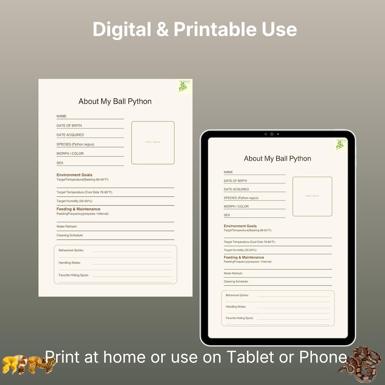May include: A digital and printable Ball Python care record sheet featuring fields for name, birth date, acquisition date, species, morph, sex, environment goals, feeding, maintenance, behavioral quirks, handling notes, and favorite hiding spots.