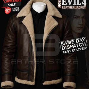 Leon Bomber Jacket, Resident Evil 4 B3 Shearling Coat, Christmas Costume Leather Jacket image 1