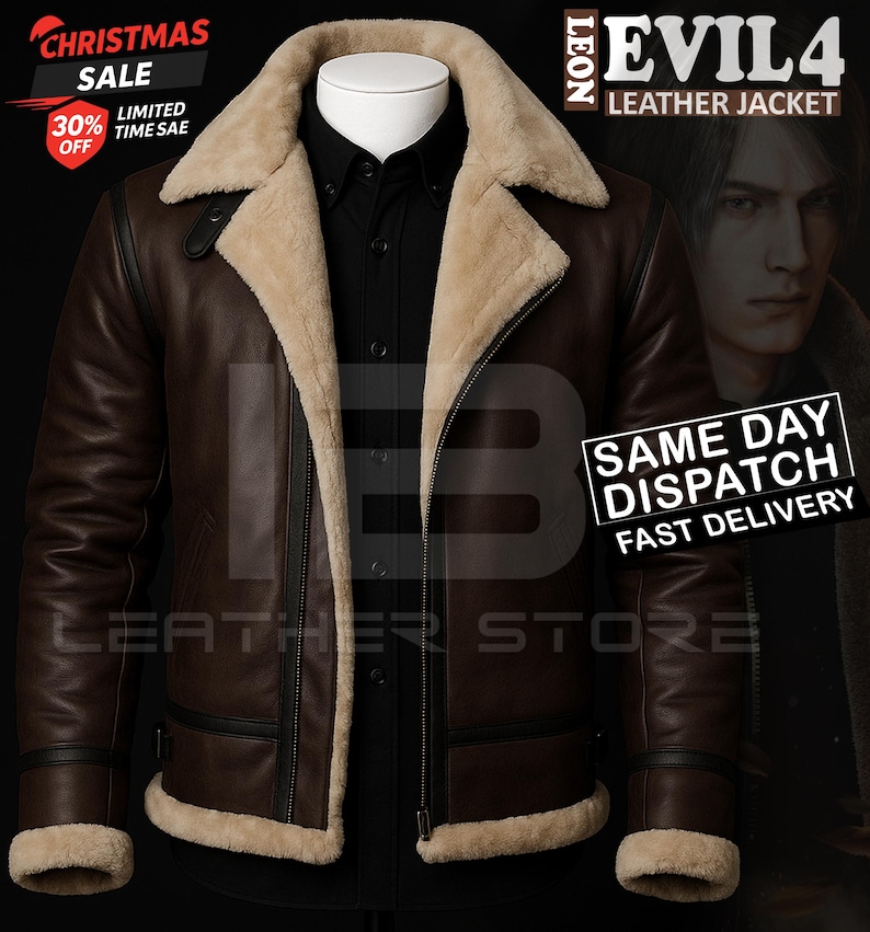 Leon Bomber Jacket, Resident Evil 4 B3 Shearling Coat, Christmas Costume Leather Jacket image 1