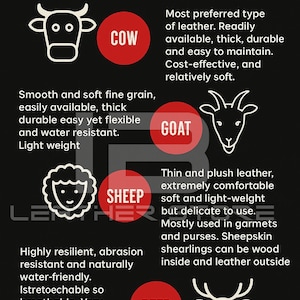 May include: Informative guide on different types of leather, including cow, goat, sheep, and deer. Each type is illustrated with a corresponding animal outline and a brief description of its properties, such as durability and texture.
