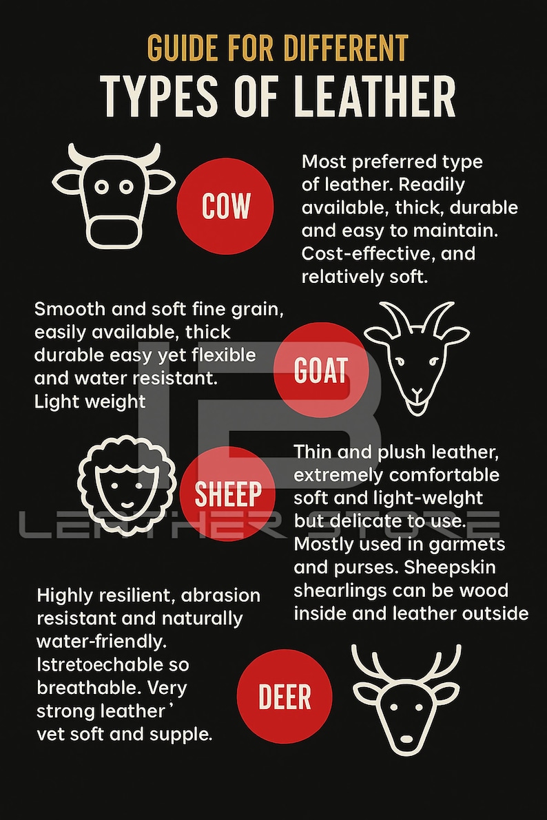 May include: Informative guide on different types of leather, including cow, goat, sheep, and deer. Each type is illustrated with a corresponding animal outline and a brief description of its properties, such as durability and texture.
