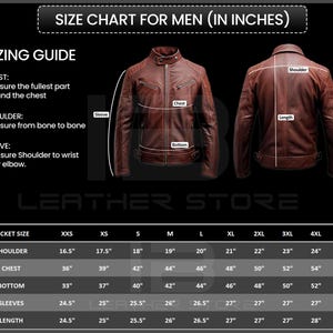 May include: A size chart for men's leather jackets, with measurements in inches. The chart includes shoulder, chest, bottom, sleeves, and length measurements for various jacket sizes, from XXS to 5XL. Two brown leather jackets are shown.