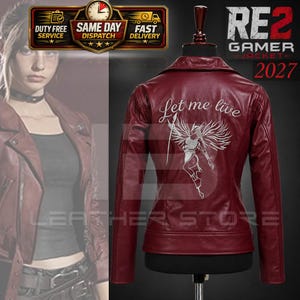 May include: A dark red leather jacket featuring a back embroidery of a winged figure with a spear and the text Let me live. The jacket has a notched collar, long sleeves, and a fitted silhouette. The front view shows a dark gray tank top underneath.