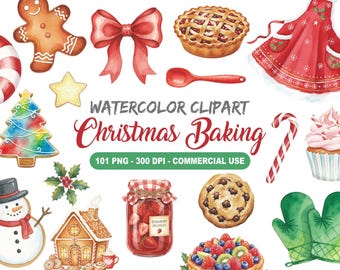 Watercolor Christmas Baking Clipart Set, Cozy Holiday Kitchen PNG, Festive Bakery Elements, Christmas Cookies Clip Art