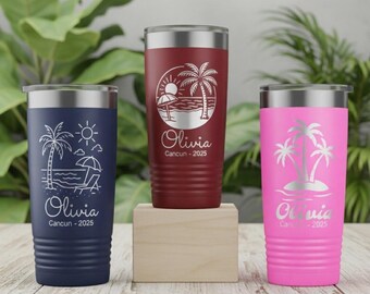 Personalized Engraved Tumbler - Beach Holiday Design, Custom Travel Mug, Summer Vacation Gift, Tropical Ocean Palm Tree Stainless Steel