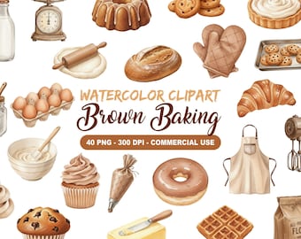 Watercolor Brown Baking Clipart | Cozy Kitchen Bakery PNG Bundle | Bread, Cookies, Pastry & Mixer Illustration Set