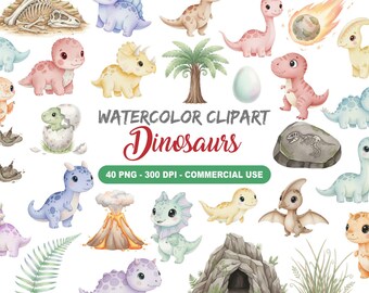 Cute Watercolor Dinosaurs Clipart Bundle, Baby Dino PNG Set, Prehistoric Animals, Eggs, Volcano, Fossil, Nursery Art
