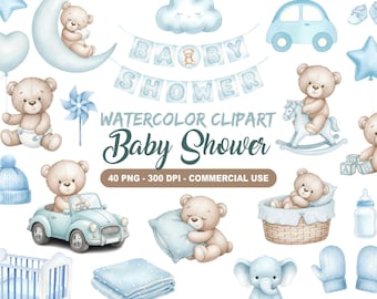 Blue Baby Shower Clipart Set, Cute Teddy Bear Watercolor PNG, Boy Nursery Art, Baby Car Moon Cloud, 40 PNG Files