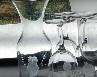 Vintage Mid Century Modern Etched Owl Barware Set - Carafe & 6 Stemmed Wine Glasses