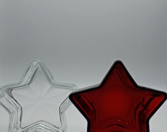 Vintage Star Shaped Glass Dishes Set - Red and Clear Pressed Glass