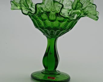 Vintage Mid Century Green Glass Ruffled Compote Dish