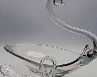 Vintage Duncan Miller Clear Glass Swan Dishes - Set of 2 Mismatched Nesting Candy Bowls
