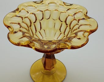Vintage Fenton Colonial Amber Thumbprint Footed Compote Candy Dish