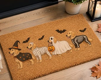 Felpudo de Halloween con diseño de perro dorado, felpudo de bienvenida de fibra de coco con diseño de perro dorado, decoración otoñal para el porche, decoración otoñal divertida para el porche, regalo para amantes de los perros