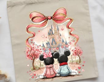 Mickey and Minnie Mouse Valentine's Day Tote Bag, Romantic Disney Castle Gift, Cute Disney Lover Shoulder Bag, Disney Trip Accessories