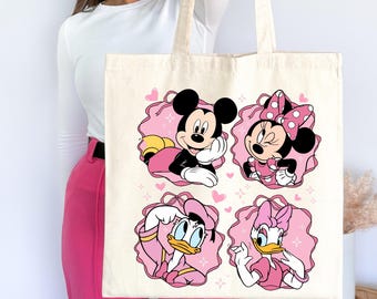 Disney Valentine Tote Bag, Mickey and Friends Cotton Canvas Bag Retro Minnie Mickey Valentine Gift, Eco Friendly Disney Shopping Bag