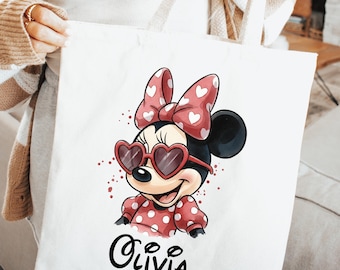 Bolsa de Minnie Mouse personalizada con nombre, bolsa de Minnie con gafas de sol de corazón personalizadas, bolsa de viaje de Disney, linda bolsa de lona para niña, regalo para Minnie