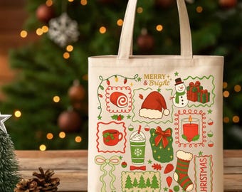 Merry & Bright Christmas Tote Bag | Holiday Gift Bag with Festive Icons | Reusable Christmas Shopping Bag | Cute Xmas Present for Her TT006