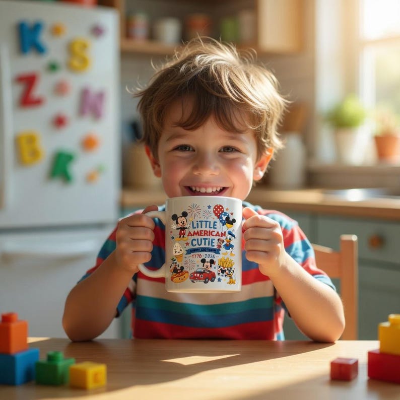 K&ouml;nnte beinhalten: Ein l&auml;chelndes Kind h&auml;lt einen wei&szlig;en Becher mit Cartoon-Figuren und Feuerwerk. Auf dem Becher steht der Text "Little American Cutie 1776-2026". Das Kind tr&auml;gt ein gestreiftes Oberteil.