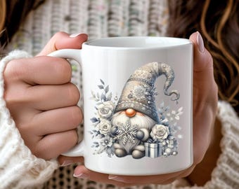 Taza de gnomo de invierno / Taza de gnomo navideño escandinavo / Taza navideña de estética neutra / Taza de café de gnomo con copo de nieve / Taza acogedora de regalo de invierno