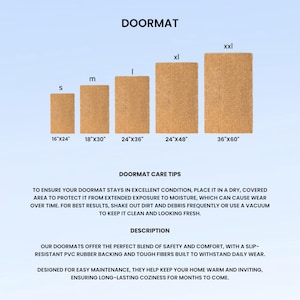 Puede incluir: Cinco felpudos rectangulares de color tostado en tallas S, M, L, XL y XXL, con dimensiones que van de 16x24 pulgadas a 36x60 pulgadas. El texto incluye DOORMAT, DOORMAT CARE TIPS y una descripci&oacute;n del producto.
