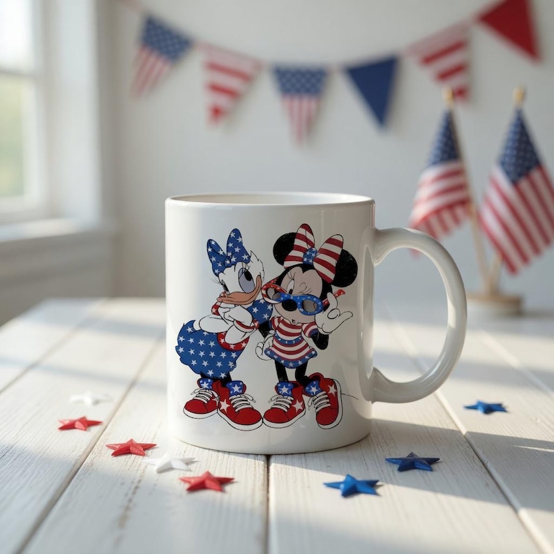 Puede incluir: Una taza de cer&aacute;mica blanca con una ilustraci&oacute;n gr&aacute;fica de Daisy Duck y Minnie Mouse vistiendo conjuntos con estampado de estrellas en rojo, blanco y azul y zapatillas rojas. Los personajes aparecen representados de pie, uno al lado del otro.