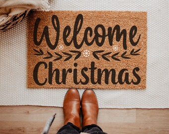 Felpudo de bienvenida navideño, decoración navideña para el porche, bonito felpudo navideño, felpudo de fibra de coco personalizado, alfombra de entrada de invierno