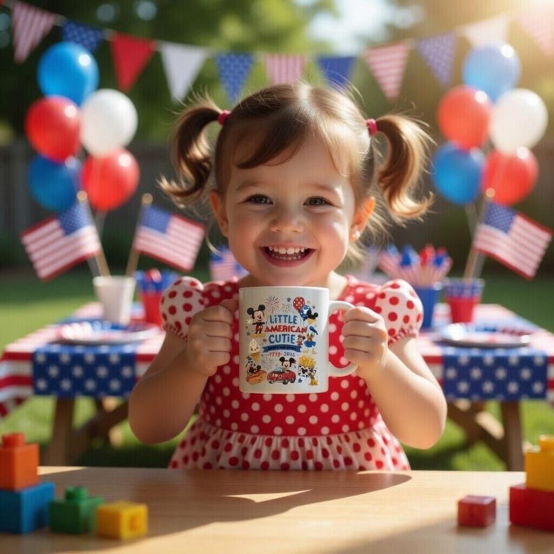 K&ouml;nnte beinhalten: Ein l&auml;chelndes Kind h&auml;lt einen wei&szlig;en Becher mit einem bunten Design und dem Text "Little American Cutie". Das Kind tr&auml;gt ein rotes Polka-Dot-Kleid. Der Hintergrund zeigt Ballons, amerikanische Flaggen und festliche Dekorationen.