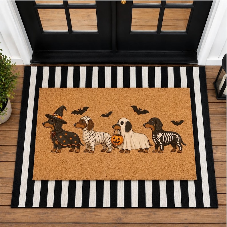 Puede incluir: Un felpudo rectangular de fibra de coco color canela con cuatro perros salchicha disfrazados de Halloween: una bruja, una momia, un fantasma con un cubo de calabaza y un esqueleto. Murci&eacute;lagos negros aparecen ilustrados sobre los perros.