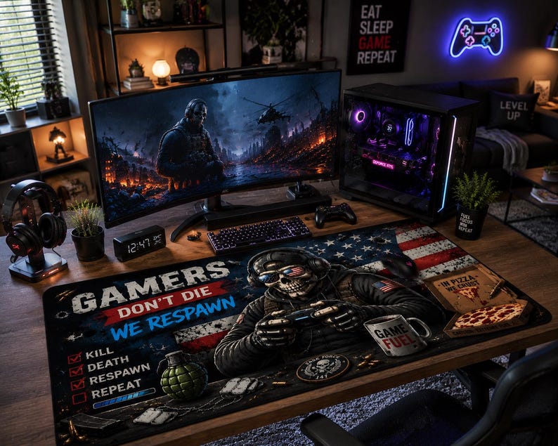 May include: A gaming setup featuring a curved monitor displaying a war scene, a desktop computer, and a large mousepad. The mousepad has an American flag design with a skull wearing sunglasses and the text "GAMERS DON'T DIE WE RESPAWN."
