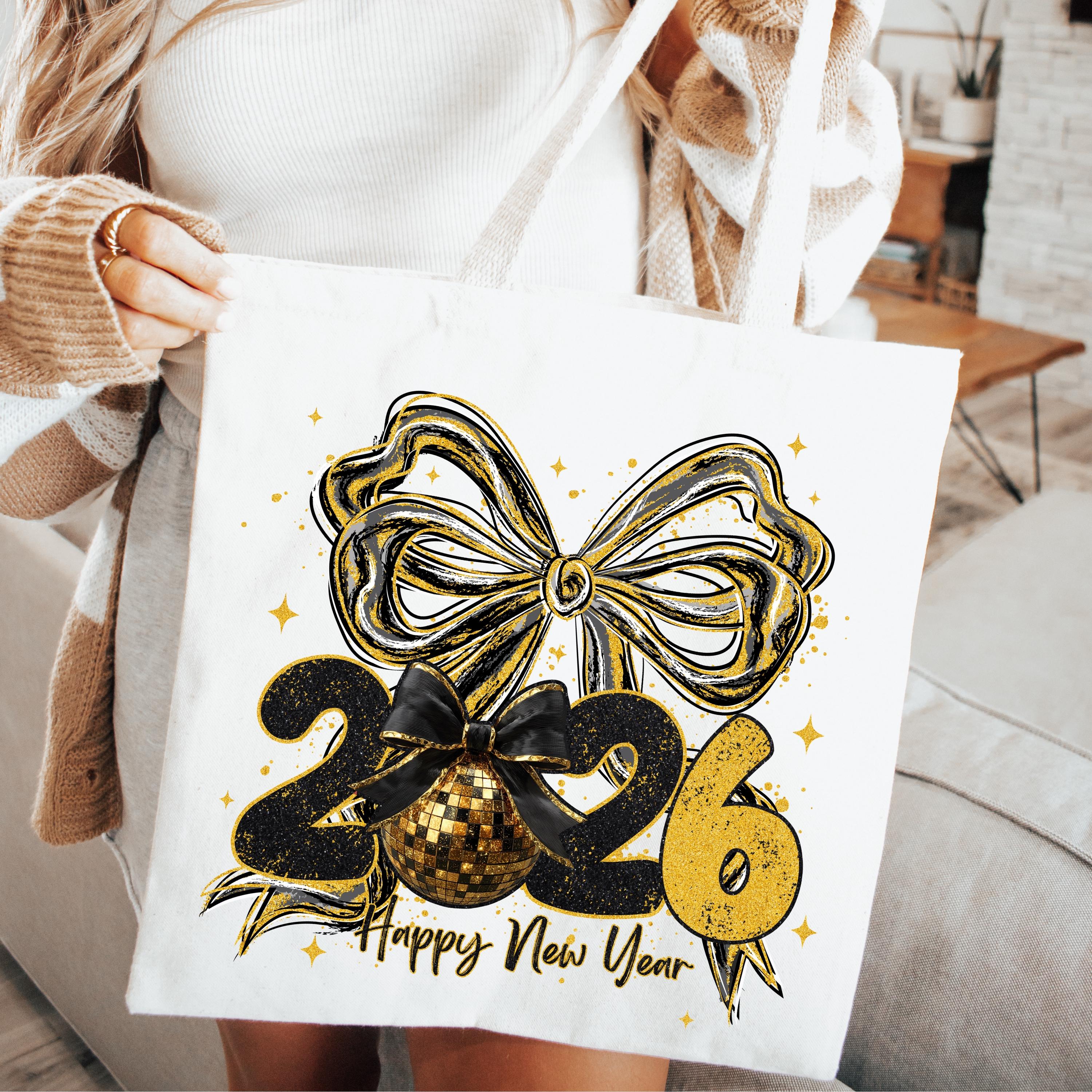 2026 Happy New Year Tote Bag, New Year Gift Bag, Glitter Gold Bow