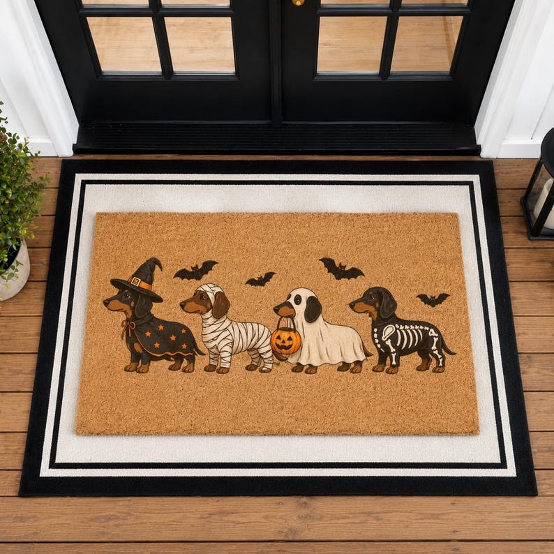 Puede incluir: Un felpudo rectangular de fibra de coco color canela con cuatro perros salchicha disfrazados de Halloween: una bruja, una momia, un fantasma con un cubo de calabaza y un esqueleto. Murci&eacute;lagos negros est&aacute;n impresos sobre los perros.