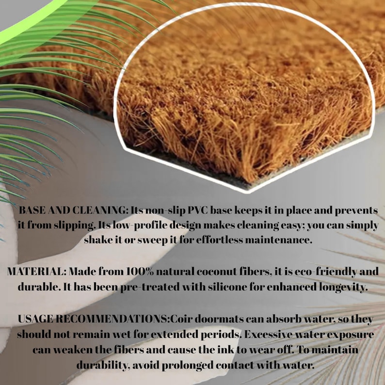 Puede incluir: Un felpudo rectangular con una superficie texturizada hecha de fibras de coco naturales de color marr&oacute;n. La alfombrilla incluye una base de PVC antideslizante y un dise&ntilde;o de perfil bajo. El texto en la imagen proporciona detalles sobre la base, limpieza, composici&oacute;n del material y recomendaciones de uso para el felpudo de fibra de coco.