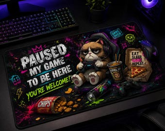Funny Gamer Mouse Pad, Gaming Desk Mat, Grumpy Cat Gaming Mat, RGB Gamer Setup Decor, Large Extended Mousepad, PC Gamer Gift