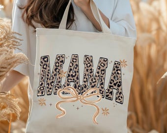 Torba typu tote MAMA z motywem panterki i kokardą | Stylowy prezent dla mamy | Wielokrotnego użytku torba na zakupy | Prezent na Dzień Matki lub Boże Narodzenie dla niej, mamy na Święto Dziękczynienia