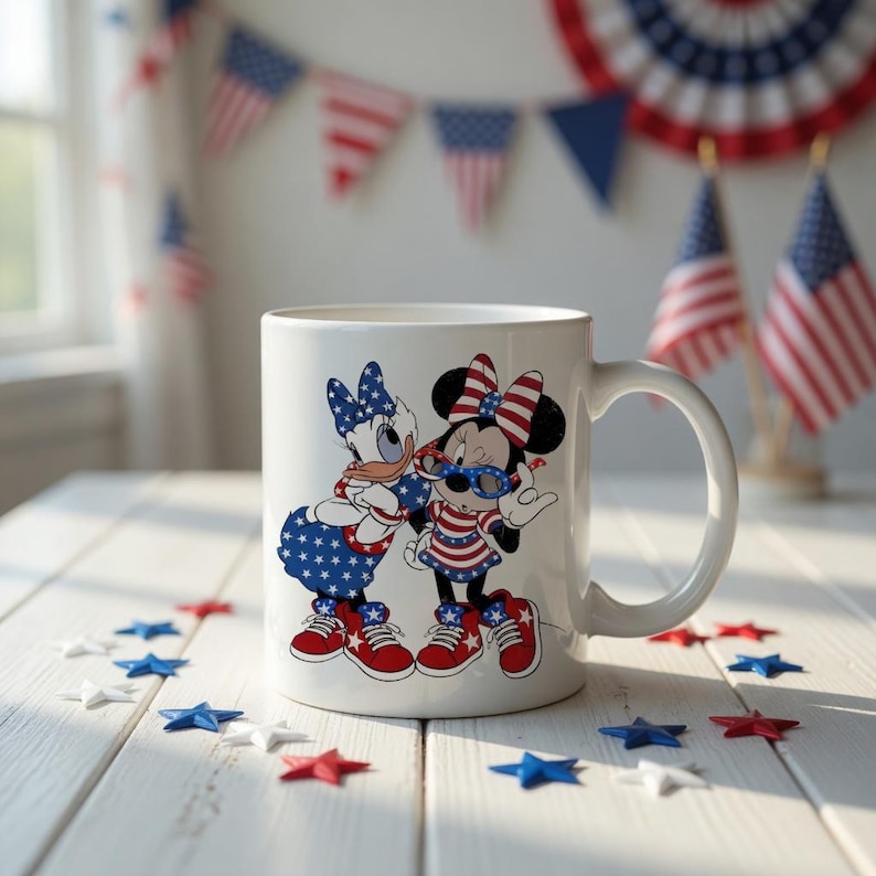 Puede incluir: Una taza de cer&aacute;mica blanca con un estampado gr&aacute;fico de Daisy Duck y Minnie Mouse vistiendo conjuntos de estrellas en rojo, blanco y azul con zapatillas rojas. Los personajes est&aacute;n colocados lado a lado en el frente de la taza, que tiene un asa.