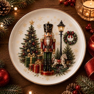 May include: A round white ceramic plate with a gold rim featuring a central nutcracker figure, a decorated Christmas tree, wrapped gifts, a black street lamp, a small rocking horse, and a wreath, all accented by gold snowflake patterns.